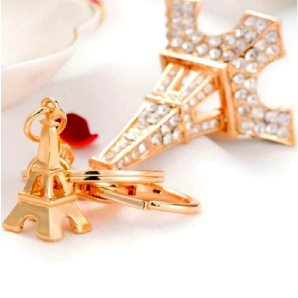 💗bundle 💗RHINESTONE DOUBLE EFFLE TOWER PURSE CHARM OR KEYRING GOLD HARDWARE - Picture 2 of 9